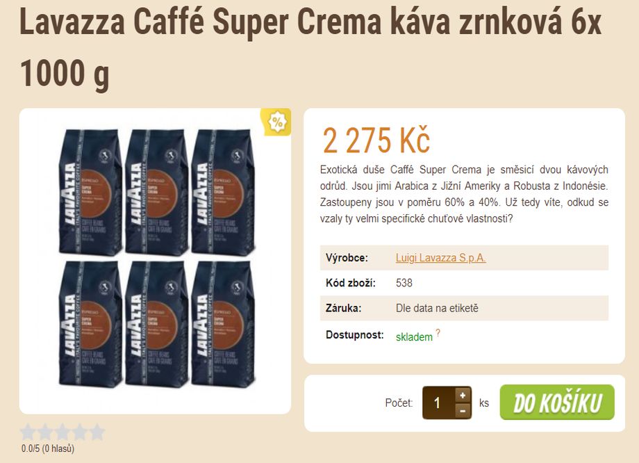 Prodej kávy - tip na vánoční dárek - Lavazza Caffé Super Crema káva zrnková 6x 1000 g