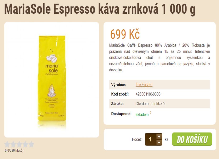 Prodej kávy - tip na vánoční dárek - MariaSole Espresso káva zrnková 1 000 g
