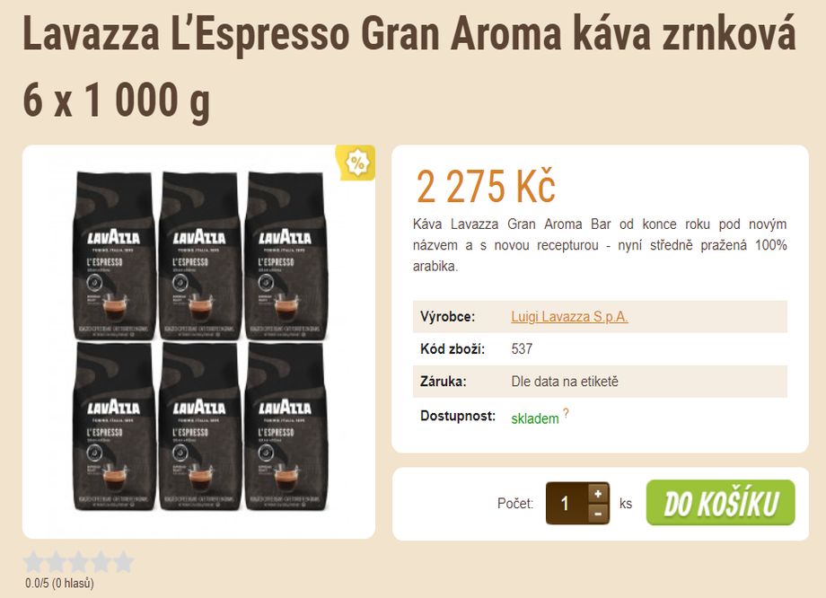 Prodej kávy - E-shop se zrnkovou kávou a čajem - Lavazza L’Espresso Gran Aroma káva zrnková 6 x 1 000 g